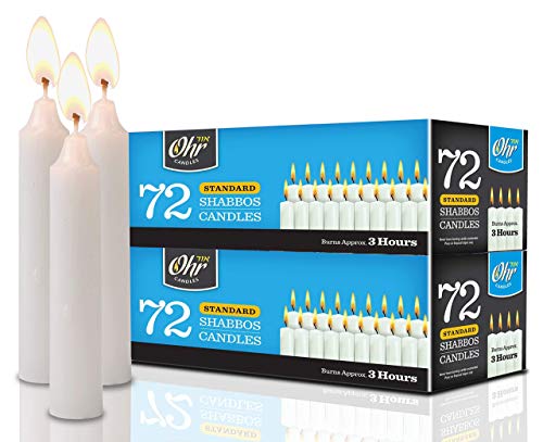 Pack of 72 white Ner Mitzvah Shabbat candles with tapered tops arranged beside standard box on a white background.
