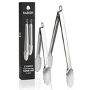 Babish stainless steel locking tong set in packaging, shown beside the two tongs in small and large sizes.