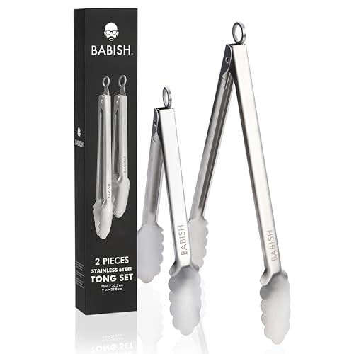 Babish stainless steel locking tong set in packaging, shown beside the two tongs in small and large sizes.