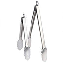 Babish stainless steel locking tongs shown in two sizes standing upright