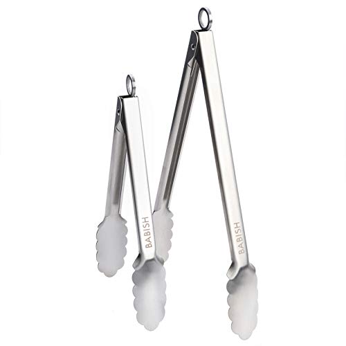 Babish stainless steel locking tongs shown in two sizes standing upright