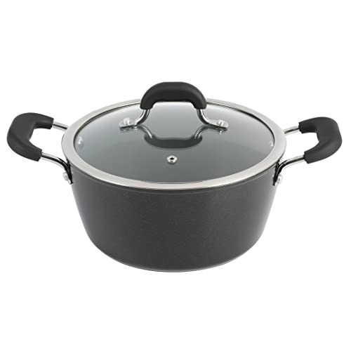 Black aluminum Dutch oven with glass lid and soft-grip handles