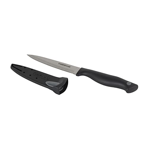 Angled side view of Farberware knife with blade cover beside it
