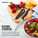 Knife next to fruit bowl and cutting board, labeled “Kitchen Essential”