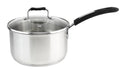 A 2.4-quart stainless steel saucepan with a polished silver finish, a clear glass lid, and a long black soft-grip handle.
