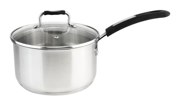 A 2.4-quart stainless steel saucepan with a tempered glass lid and black silicone-coated handle for comfortable and secure handling.