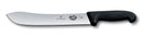 A long, curved-blade cimeter knife made of polished stainless steel with a sturdy black ergonomic Fibrox handle.