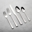 Five-piece stainless steel flatware set including two forks, a knife, a soup spoon, and a teaspoon.