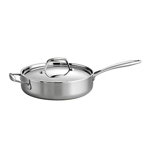 Tramontina Tri-Ply Clad Stainless Steel 3-Quart Sauté Pan with Lid, featuring a polished stainless steel finish and a long ergonomic handle