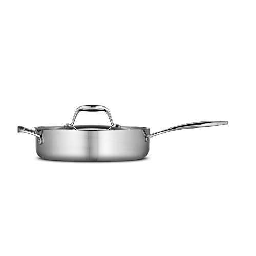 Front-facing view of the Tramontina Tri-Ply Clad Stainless Steel 3-Quart Sauté Pan with Lid, showcasing its professional-grade design