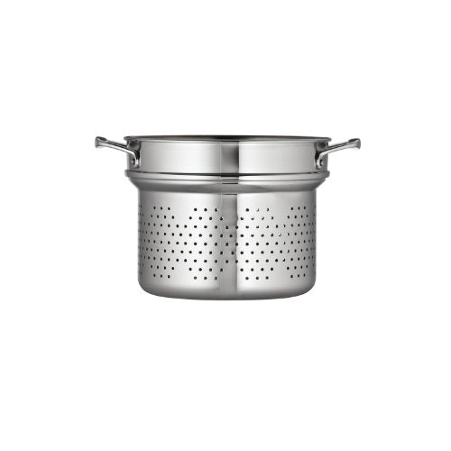 Front-facing view of the Tramontina stainless steel pasta strainer insert, designed to fit an 8-quart stock pot