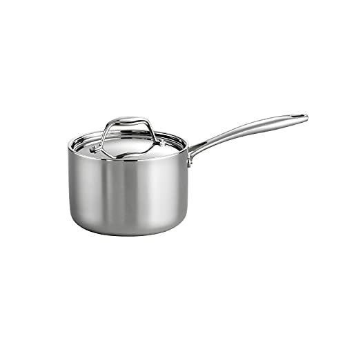 Tramontina Tri-Ply Clad Stainless Steel 2-Quart Sauce Pan with Lid, featuring a polished finish and long ergonomic handle