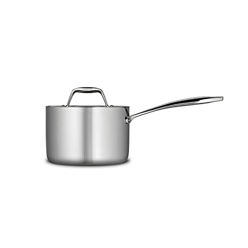 Front-facing view of the Tramontina Tri-Ply Clad Stainless Steel 2-Quart Sauce Pan with Lid, showcasing its sleek and professional design