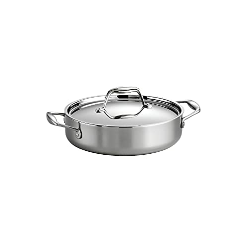 Tramontina Tri-Ply Clad Stainless Steel 3-Quart Braiser Pan with Lid, featuring a polished stainless steel finish and two side handles.