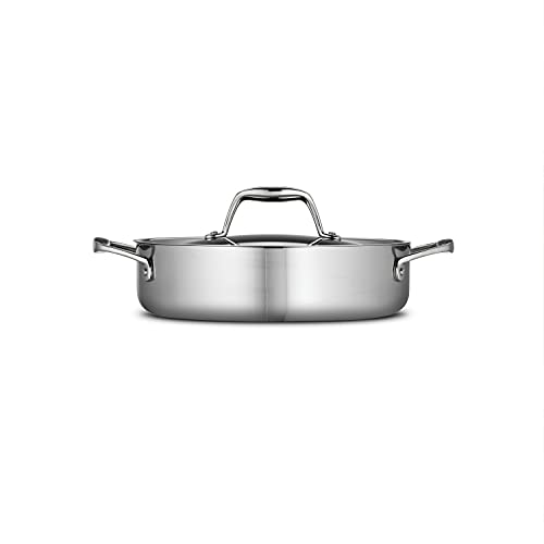 Front-facing view of the Tramontina Tri-Ply Clad Stainless Steel 3-Quart Braiser Pan with Lid, showcasing its sleek and professional design.