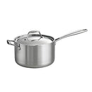 Tramontina Tri-Ply Clad Stainless Steel 4-Quart Sauce Pan with Lid, featuring a polished finish and long ergonomic handle.