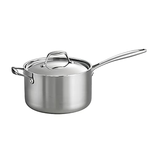 Tramontina Tri-Ply Clad Stainless Steel 4-Quart Sauce Pan with Lid, featuring a polished finish and long ergonomic handle.