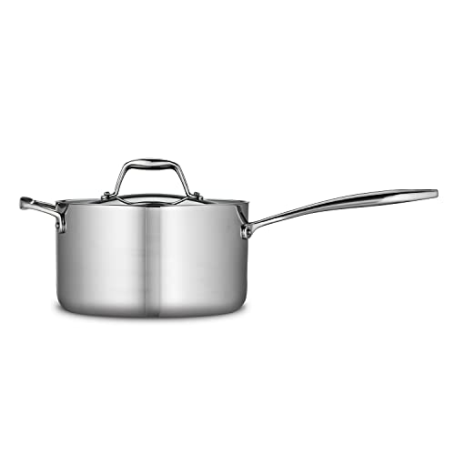 Front-facing view of the Tramontina Tri-Ply Clad Stainless Steel 4-Quart Sauce Pan with Lid, showcasing its sleek and modern design.