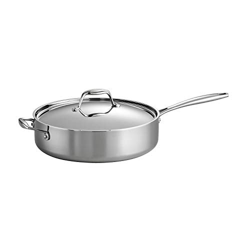 Tramontina Tri-Ply Clad Stainless Steel 6-Quart Sauté Pan with Lid, featuring a polished stainless steel finish and a long ergonomic handle