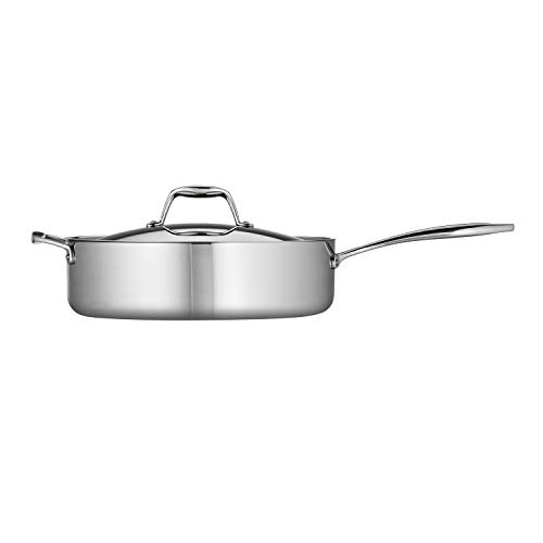 Side profile of the Tramontina 6-quart sauté pan, highlighting its sleek and professional design