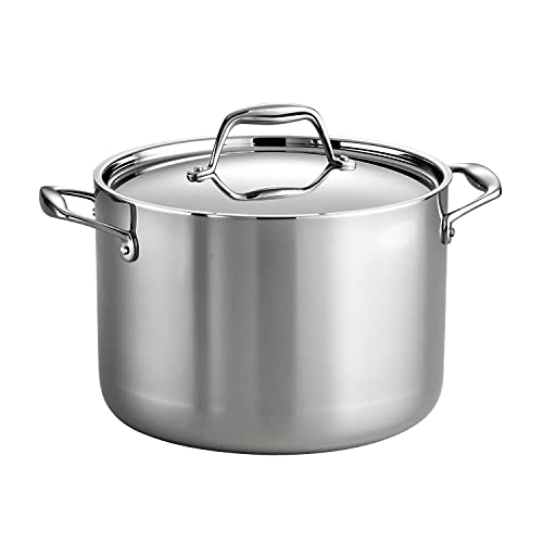 Tramontina Tri-Ply Clad Stainless Steel 8-Quart Stock Pot with Lid, featuring a polished stainless steel finish and sturdy riveted side handles