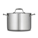 Front-facing view of the Tramontina Tri-Ply Clad Stainless Steel 8-Quart Stock Pot with Lid, showcasing its sleek and professional design
