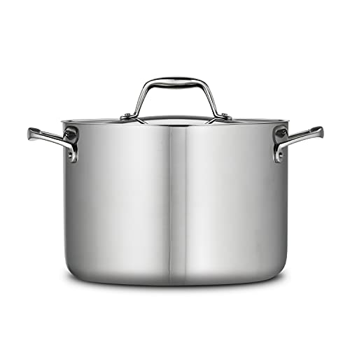 Front-facing view of the Tramontina Tri-Ply Clad Stainless Steel 8-Quart Stock Pot with Lid, showcasing its sleek and professional design