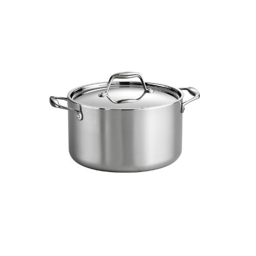 Tramontina Tri-Ply Clad Stainless Steel 6-Quart Sauce Pot with Lid, featuring a polished stainless steel finish and sturdy riveted side handles