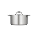 Front-facing view of the Tramontina Tri-Ply Clad Stainless Steel 6-Quart Sauce Pot with Lid, showcasing its sleek and professional design