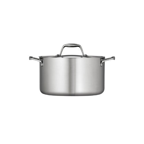 Front-facing view of the Tramontina Tri-Ply Clad Stainless Steel 6-Quart Sauce Pot with Lid, showcasing its sleek and professional design