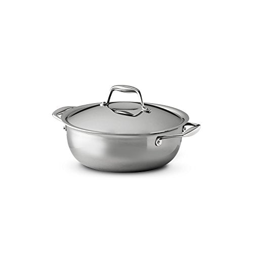 Tramontina Tri-Ply Clad Stainless Steel 4-Quart Universal Pan with Lid, featuring a polished stainless steel finish and sturdy riveted side handles