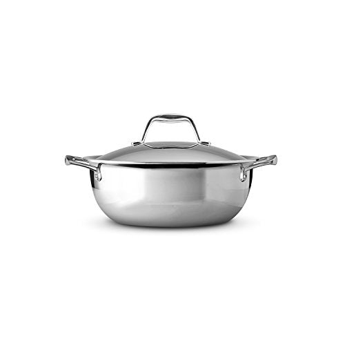 Front-facing view of the Tramontina Tri-Ply Clad Stainless Steel 4-Quart Universal Pan with Lid, showcasing its sleek and professional design