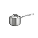 A small, silver 1.5-quart stainless steel saucepan with a long handle and a matching metal lid with a wide loop handle.