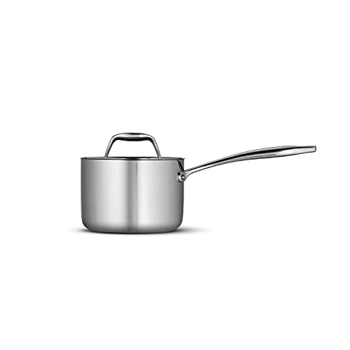 A sleek, stainless steel saucepan with a lid and long handle, set against a white background.