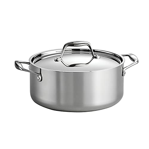 Tramontina Tri-Ply Clad Stainless Steel 5-Quart Dutch Oven with Lid, featuring a polished stainless steel finish and sturdy side handles.