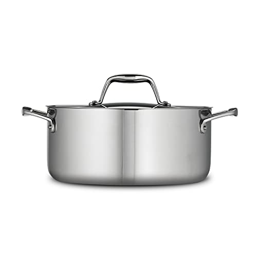 Front-facing view of the Tramontina Tri-Ply Clad Stainless Steel 5-Quart Dutch Oven with Lid, showcasing its sleek and professional design.