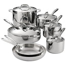 A 12-piece cookware set made of highly polished stainless steel, including various saucepans, frying pans, and a stockpot, all with matching stainless steel lids and handles.