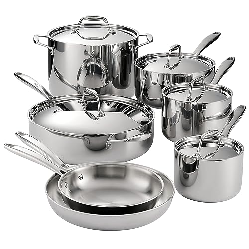 Tramontina Tri-Ply Clad Stainless Steel 12-Piece Cookware Set with Lids, featuring a polished stainless steel finish and ergonomic handles.