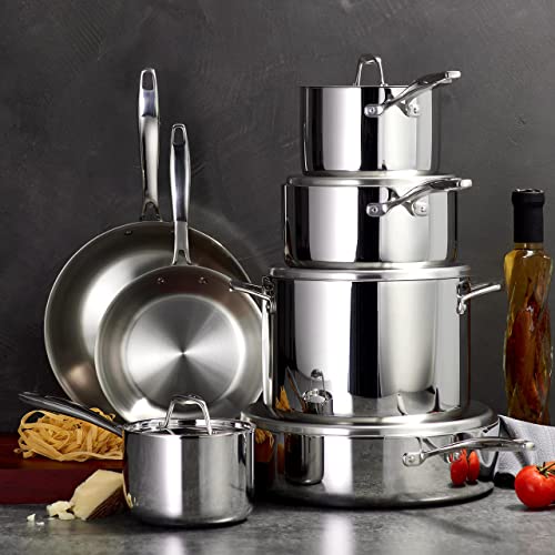 Tramontina 12-piece cookware set neatly stacked, showcasing its space-saving storage capabilities.