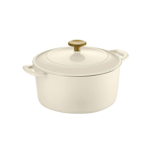 Tramontina Enameled Cast Iron 5.5-Quart Dutch Oven in Latte with a gold knob, featuring a smooth enamel finish and sturdy side handles