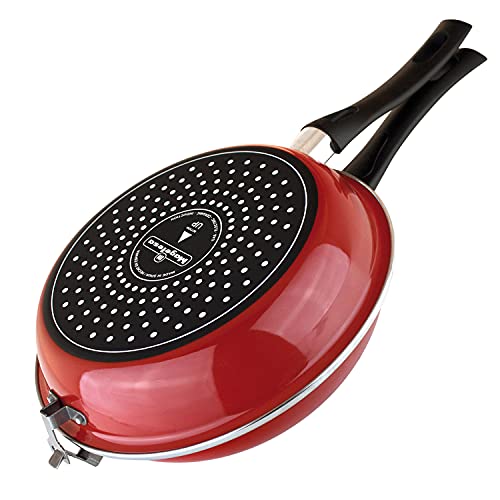 A red Magefesa Frittata Spanish tortilla frying pan with a dual-layer non-stick interior and ergonomic handles.