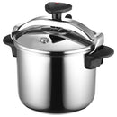A medium-sized Magefesa Star 8.4-quart pressure cooker made of shiny 18/10 stainless steel, shown with a black safety handle and side handles.