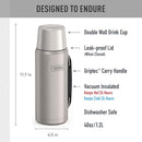 Thermos bottle with labeled features including vacuum insulation and carry handle