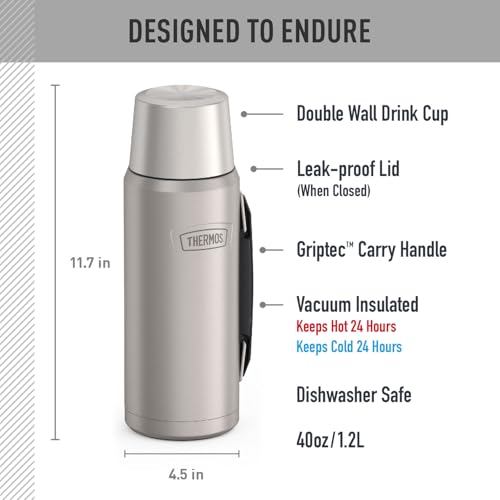 Thermos bottle with labeled features including vacuum insulation and carry handle