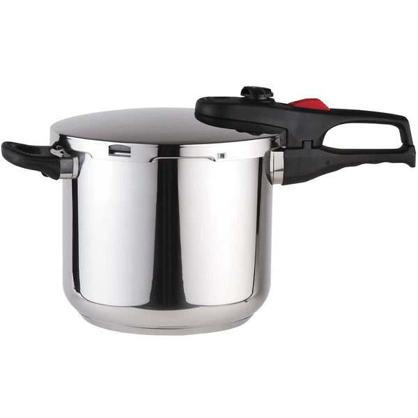 Magefesa Practika Plus 6.3-Quart Stainless Steel Pressure Cooker with black ergonomic handles.