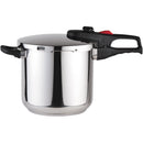 A shiny, silver stainless steel pressure cooker with black handles and a red safety button on the lid.
