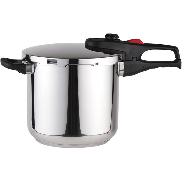 A Magefesa® Practika Plus Super Fast Pressure Cooker, 8-quart capacity, with a stainless steel body and black handle.