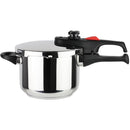 A Magefesa Practika Plus 3.3-quart pressure cooker made of shiny 18/10 stainless steel, shown with its black handle and red safety button.
