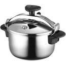 A compact Magefesa Star 4.2-quart pressure cooker made of shiny 18/10 stainless steel with a black safety handle and side handles.