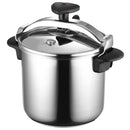 A large, shiny Magefesa Star 10.6-quart pressure cooker made of 18/10 stainless steel with black handles and a safety lid.